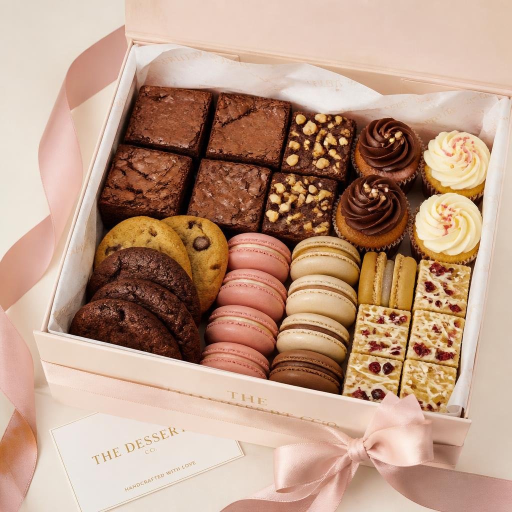 Dessert box filled with brownies, cookies and macarons