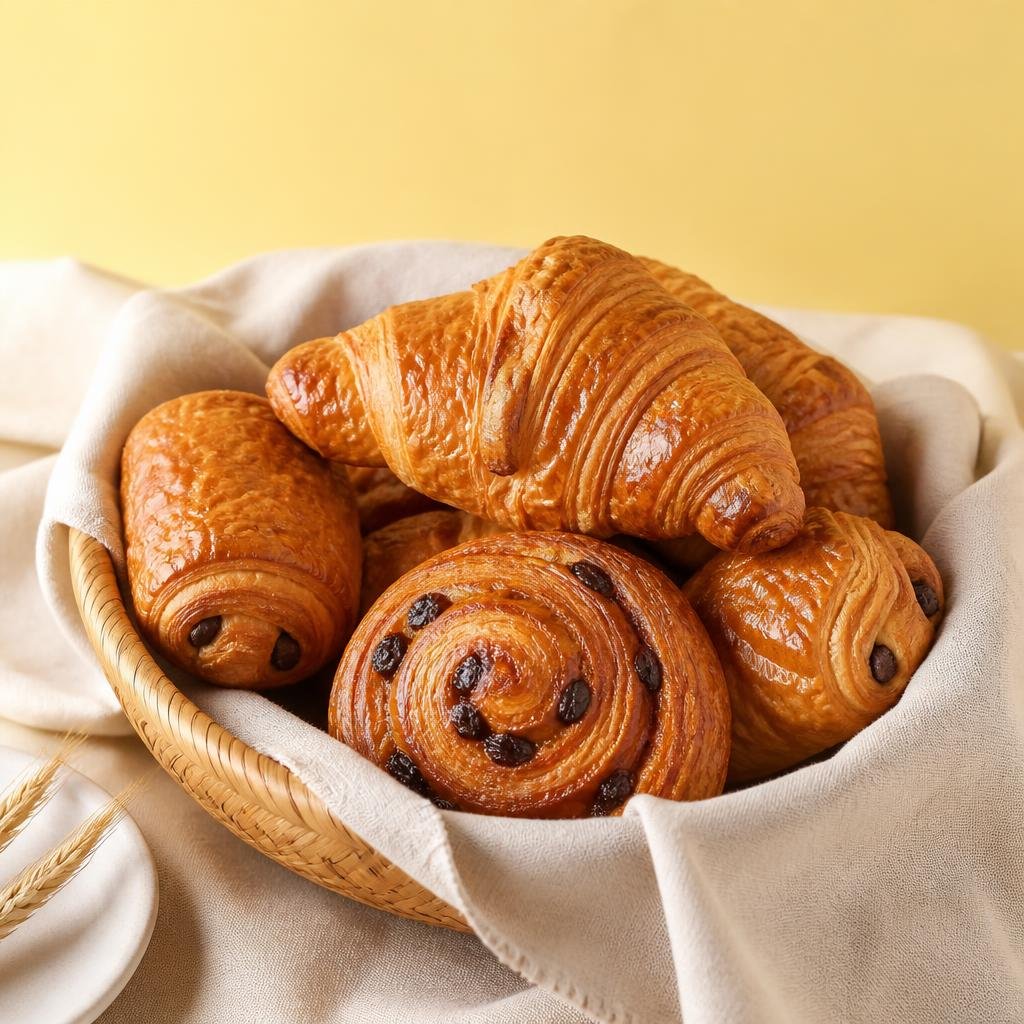 Basket of buttery croissants and pastries